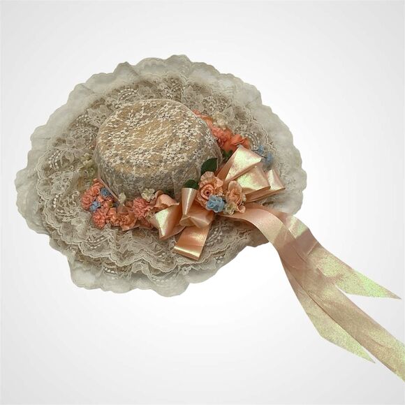 Vintage Romantic Lace Straw Sun Hat Lot Floral Ribbon Wide Brim Cottagecore 2 Pc main image 4